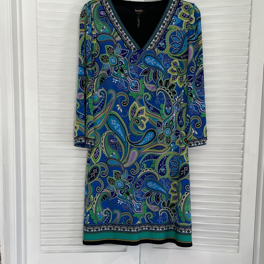 Laundry By Shelli Segal Blue Green Paisley Long Sleeve Dress
